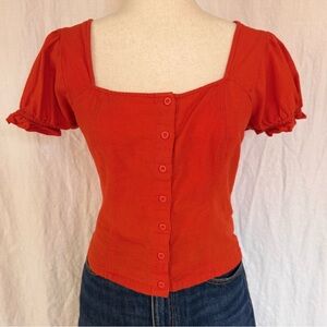 Red puff sleeve square neck smocked back cotton/linen top